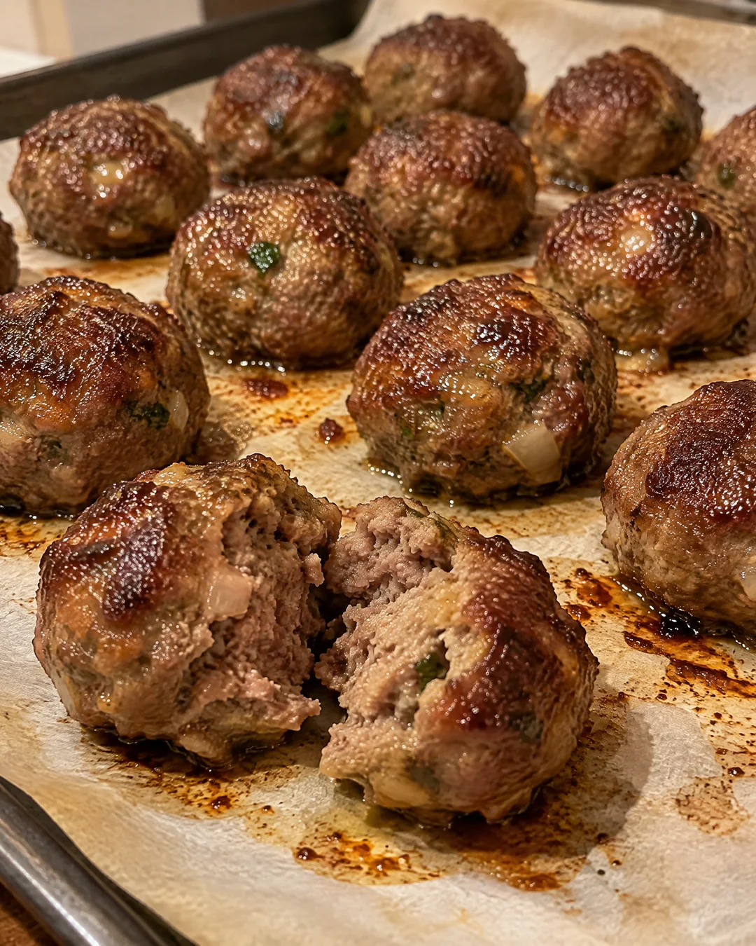 Browned baked meatballs on a sheet pan
