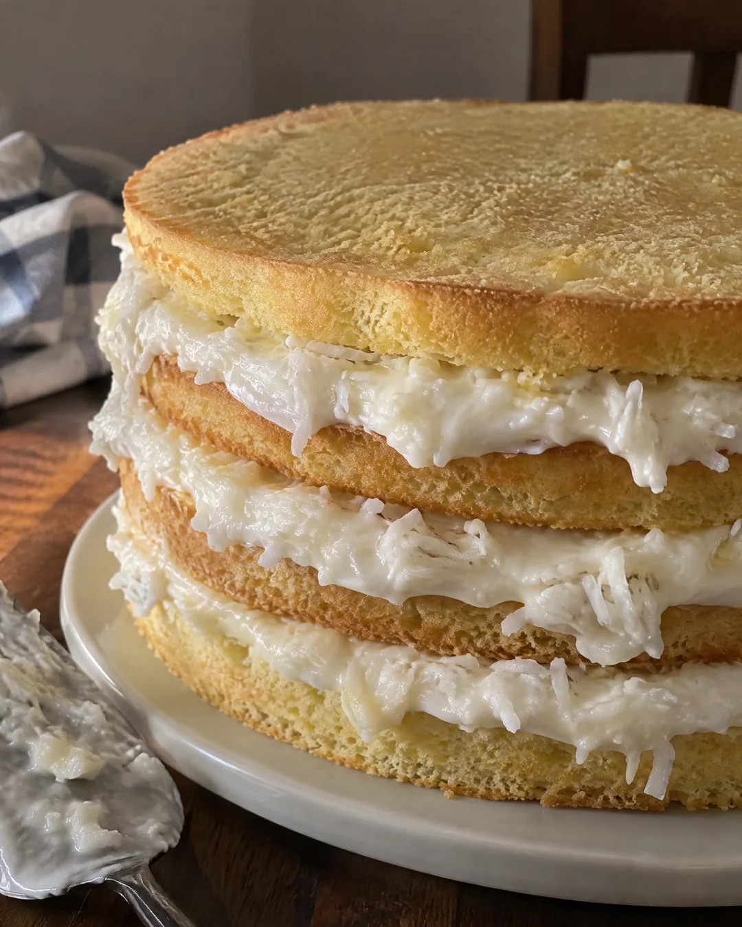 Four thin split cake layers stacked with the sour cream and coconut filling spread to the edges, ready for three days in the refrigerator
