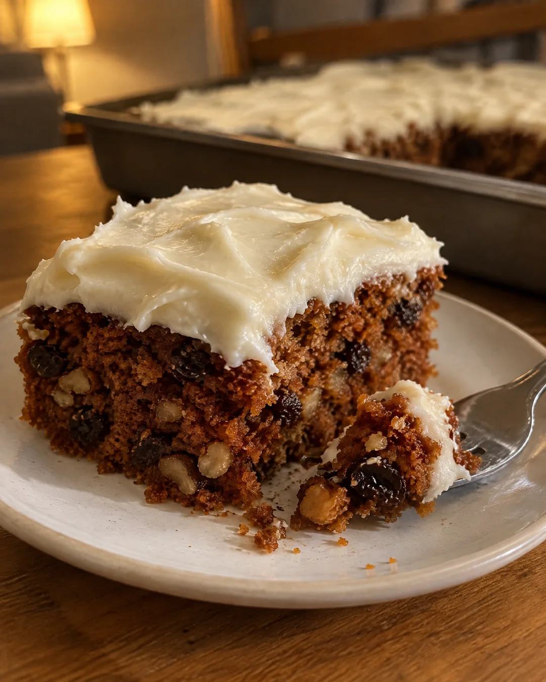 A square of tomato soup spice cake with cream cheese frosting, the moist reddish brown crumb showing raisins and walnuts