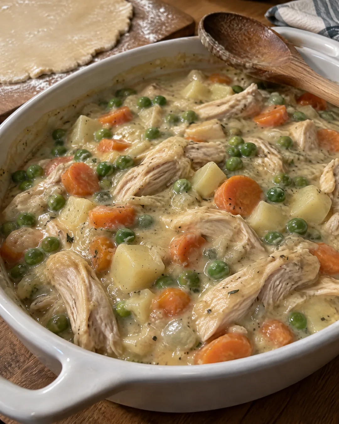 Chicken pot pie filling with bright green peas in milk gravy, in a deep dish before the crust goes on