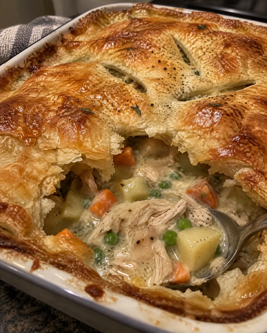 A baked top-crust chicken pot pie, the golden crust broken open over thick chicken gravy with peas
