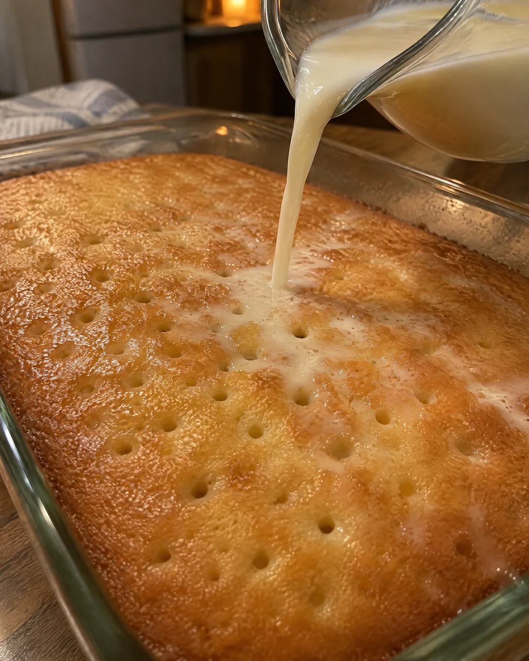 Milk being poured slowly over a poked tres leches sponge