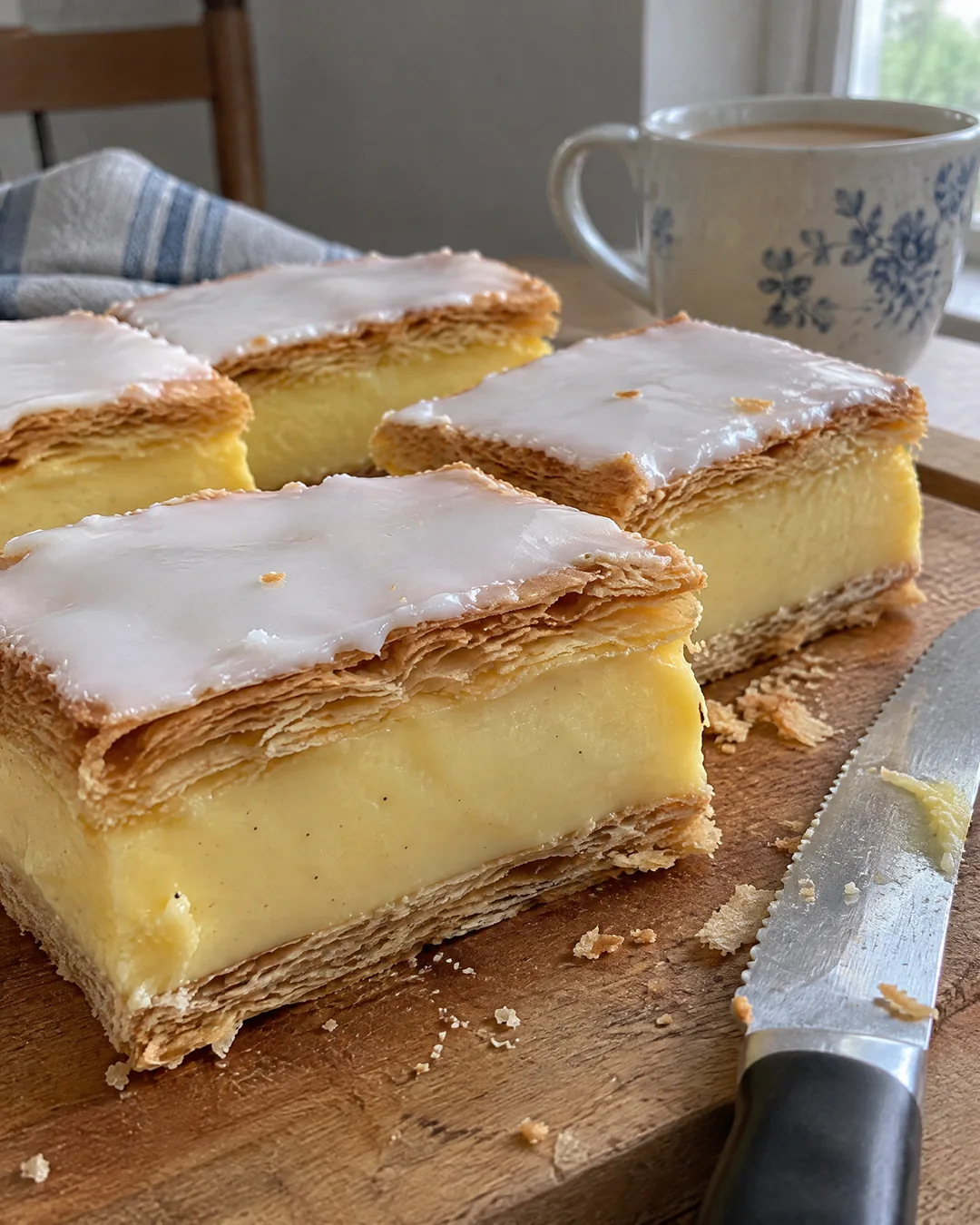 Custard slices cut in squares on a board showing the tall custard layer