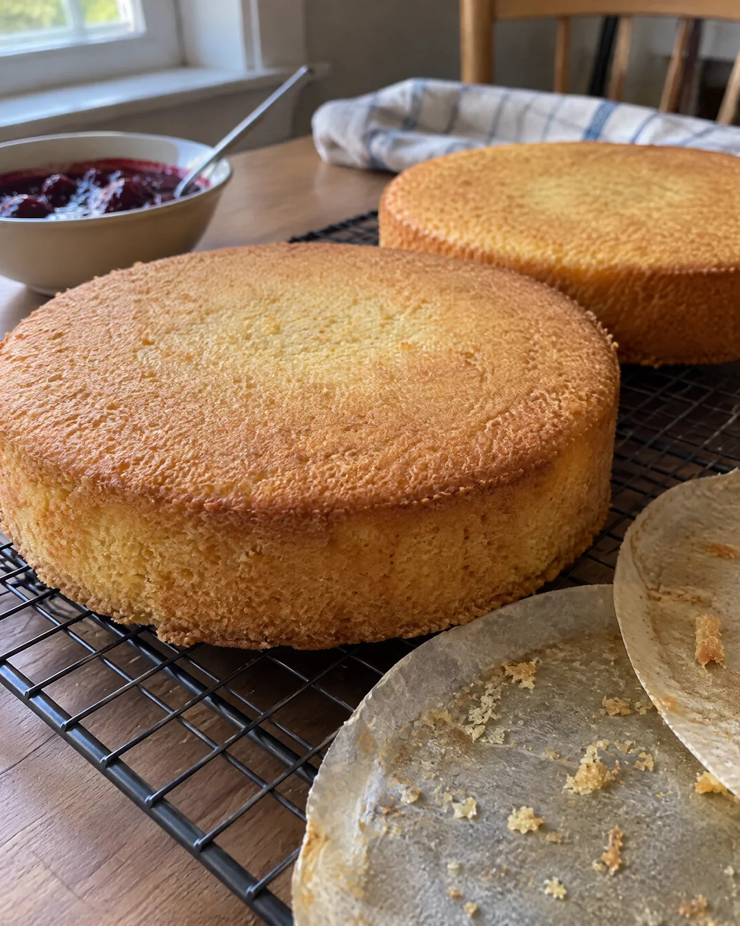 Two golden Victoria sponge layers cooling on a wire rack