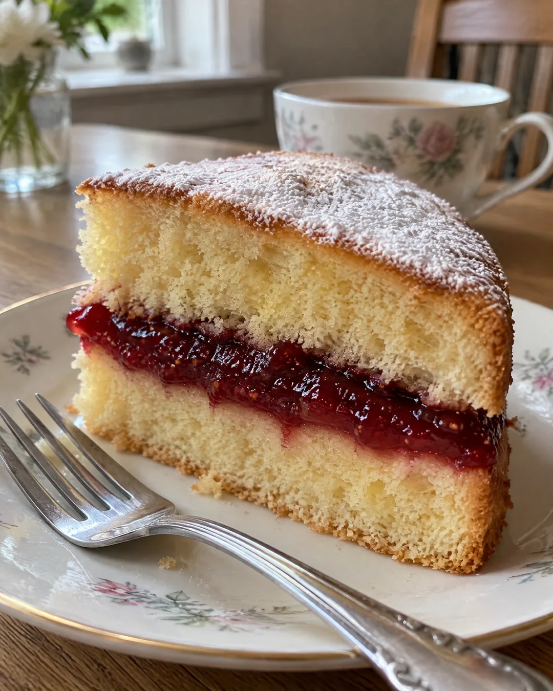 A slice of Victoria sponge with a thick layer of raspberry jam and sugar on top
