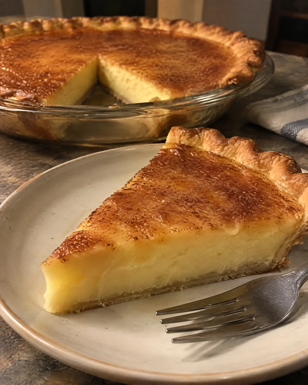 A baked vinegar pie with a golden brown skin and one slice cut showing the smooth pale custard set in the crust