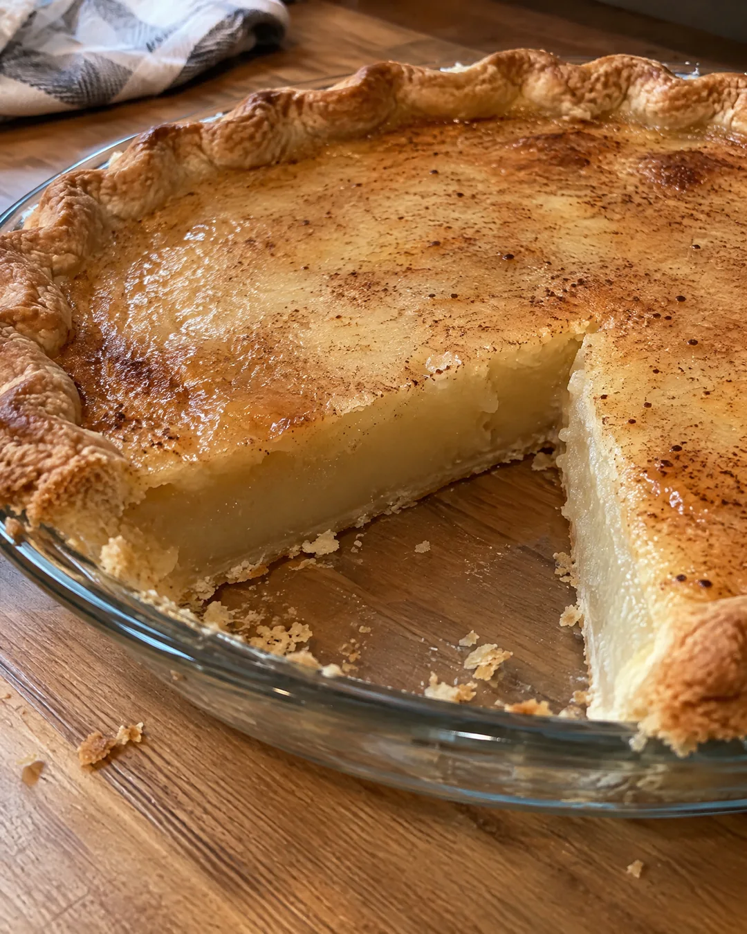 A whole chilled water pie with one slice removed, showing the pale golden translucent set filling