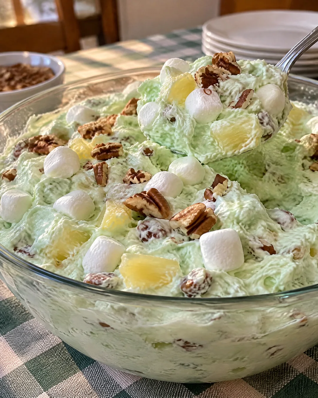 A glass bowl of fluffy green Watergate salad with marshmallows and pecans