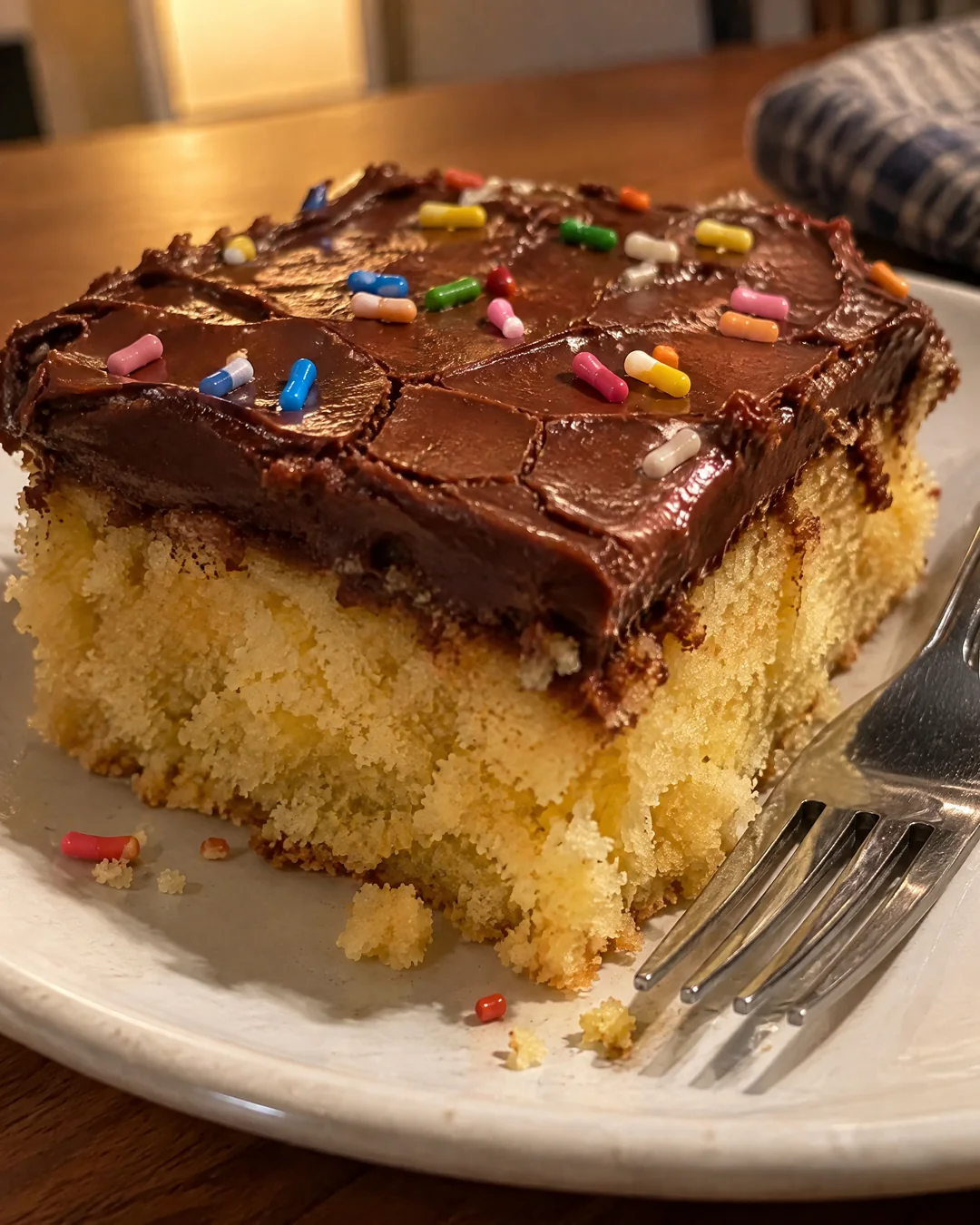 A square of yellow birthday cake with a shiny set chocolate fudge frosting