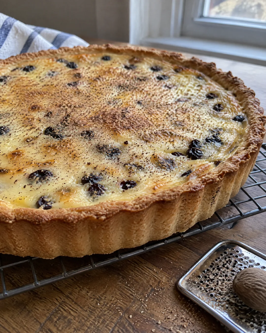 A Yorkshire curd tart fresh from the oven with a golden nutmeg top